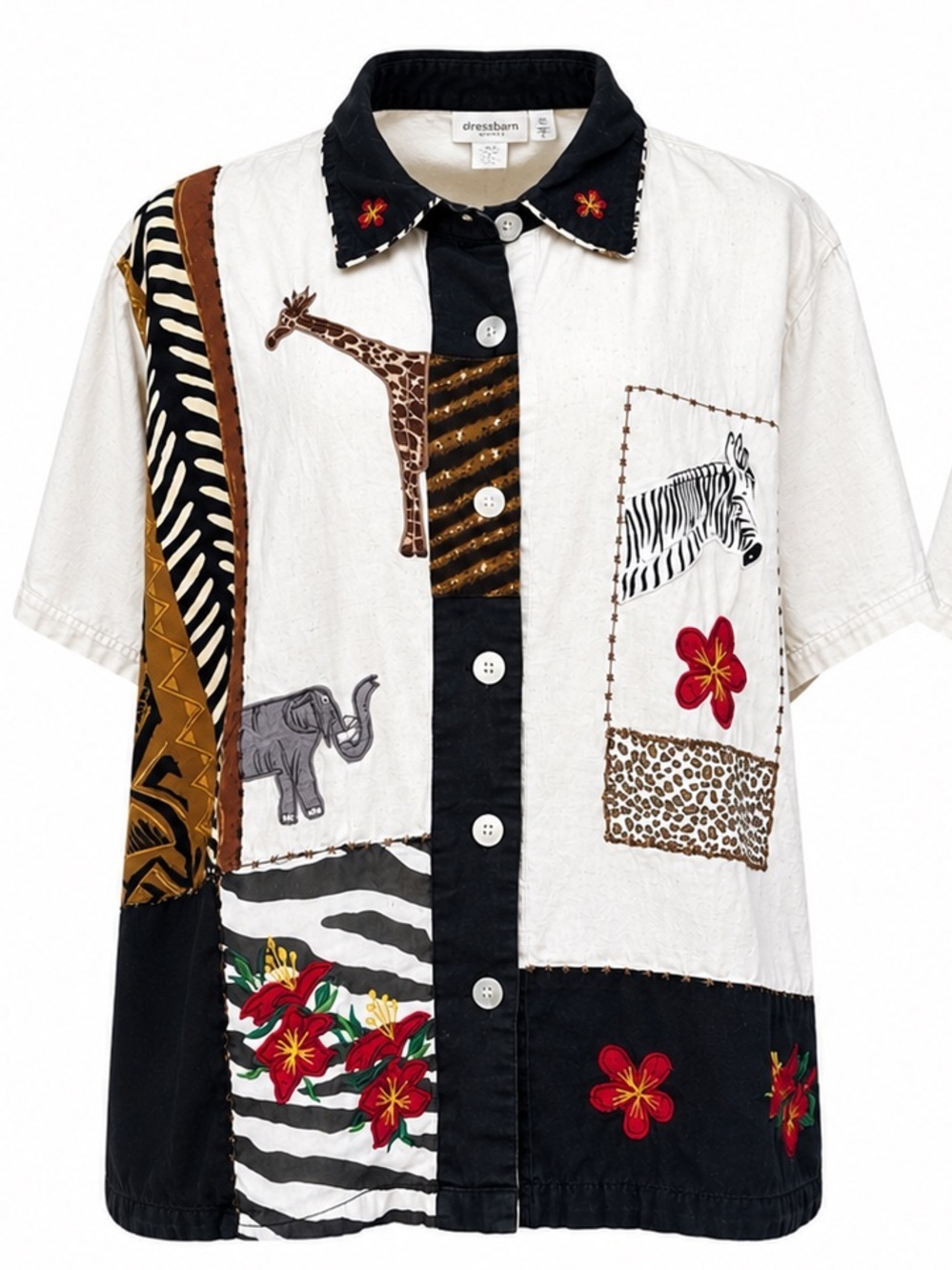 Safari Patchwork Button Up Shirt Jacket - Black White Animal Print - XL